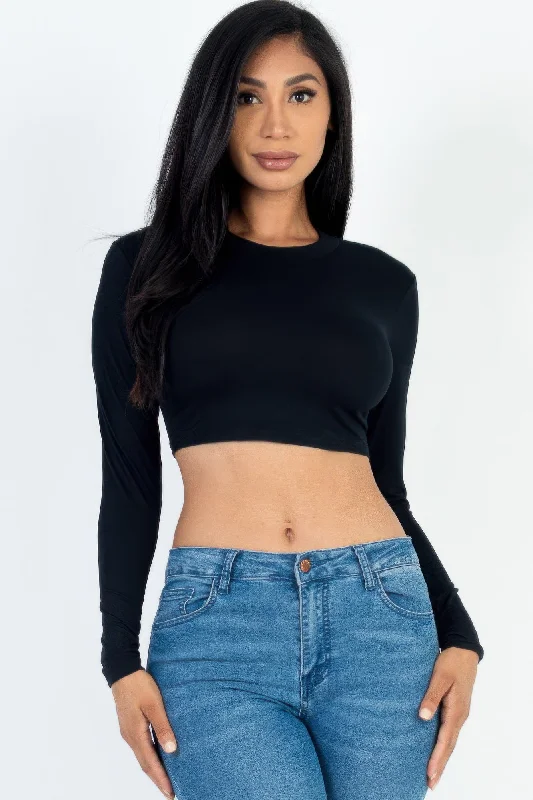 Comfortable Loungewear for Women FASHNZFAB Women's Crew Neck Long Sleeve Cropped Top