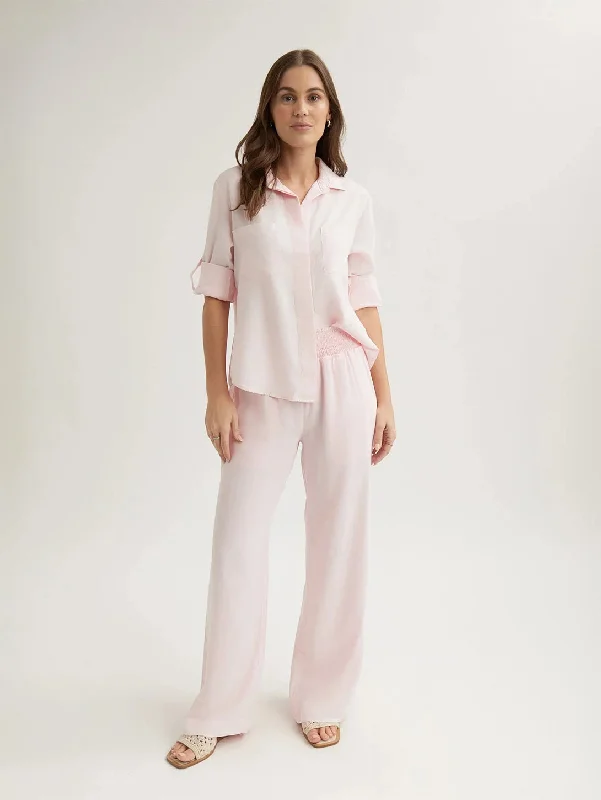 Elegant Women's Attire Smocked Waist Wide Leg Pant - Petal Pink