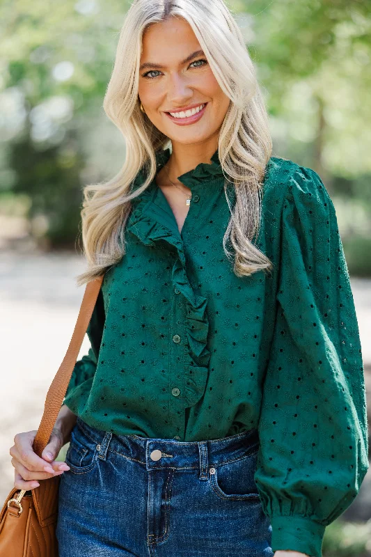 Women's Casual Outfit It's All True Pine Green Eyelet Blouse