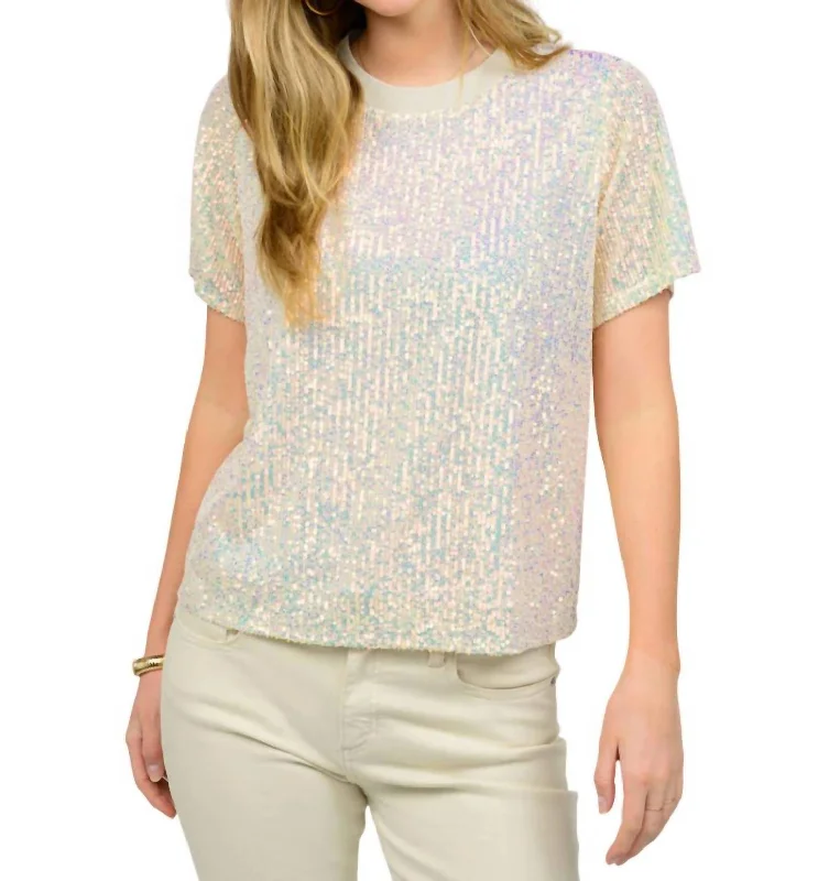 Unique Women's Fashion Pieces Sequin Star Short Sleeve Top In Champagne