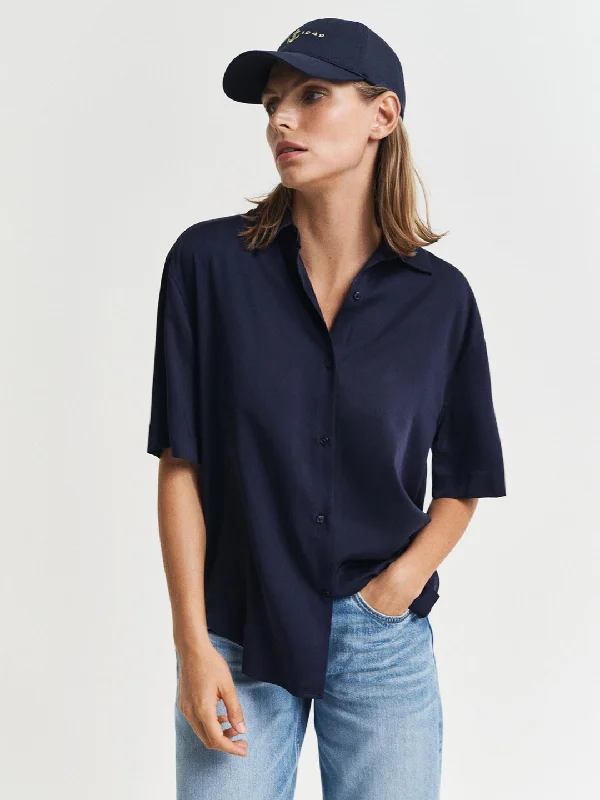 Women's Date Night Outfit Gant Women Navy Blue Cuban Collar Short Sleeves Shirt