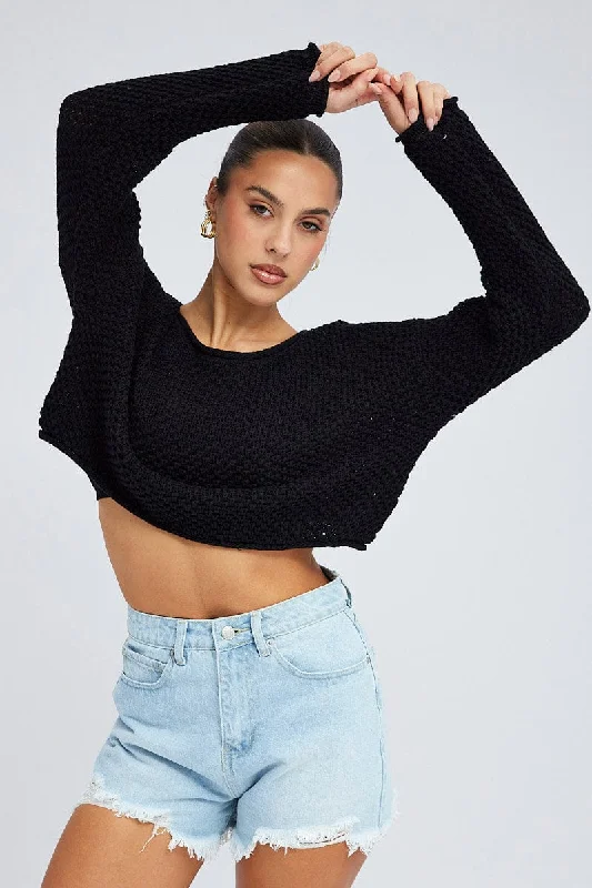 Affordable Women's Attire Black Knit Top Long Sleeve Crew Neck