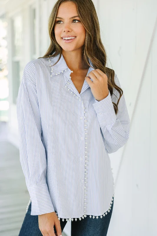 Women's Everyday Garments Care To Be Classic Light Blue Striped Button Down Blouse