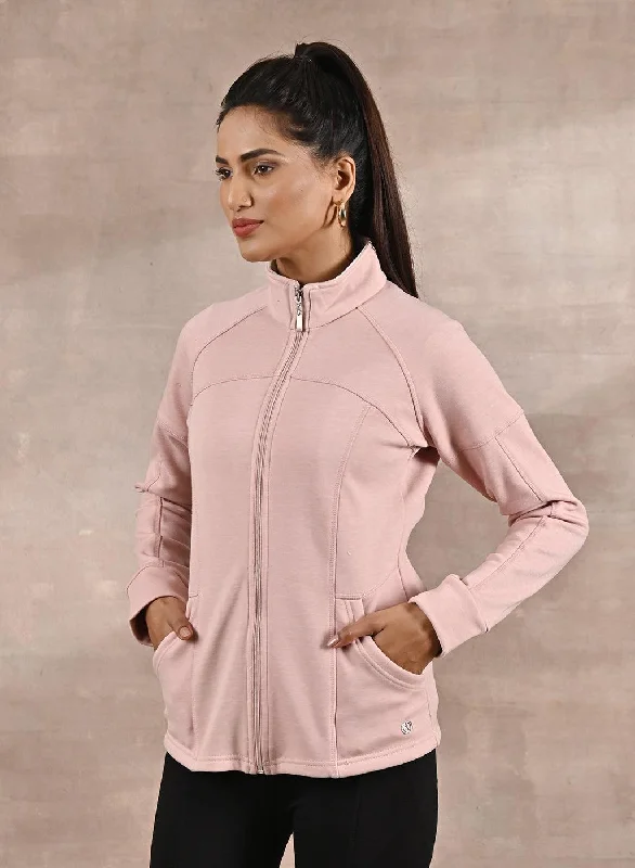 Sophisticated Fashion Pink High-Neck Zip-Up Casual Fleece Jacket