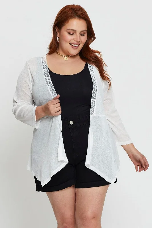 Outlet Clothing White Longline Cardigan Three-quarter Sleeve Jersey