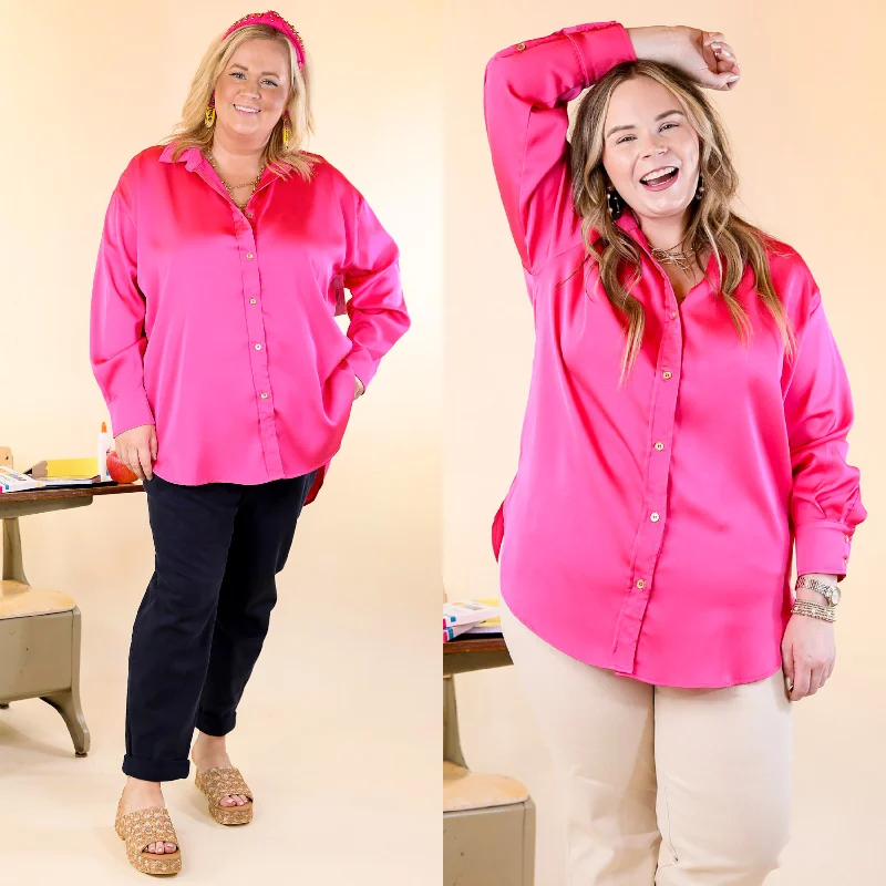 Trendy Outfits For Ladies Tell Me Something Good Long Sleeve Button Up Top in Hot Pink