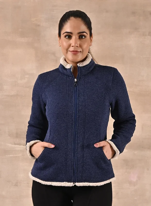 Casual Wear Blue Zip-front High-neck Fleece Jacket with Pockets