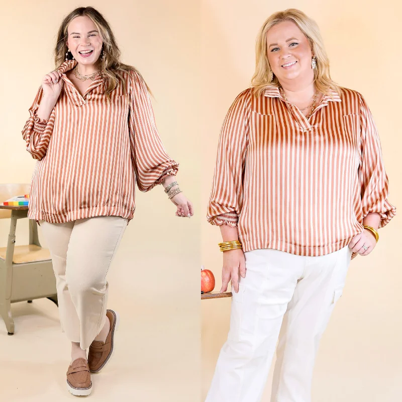 Women Wear Online Back To Classic Long Sleeve Striped Top in Dusty Coral Orange