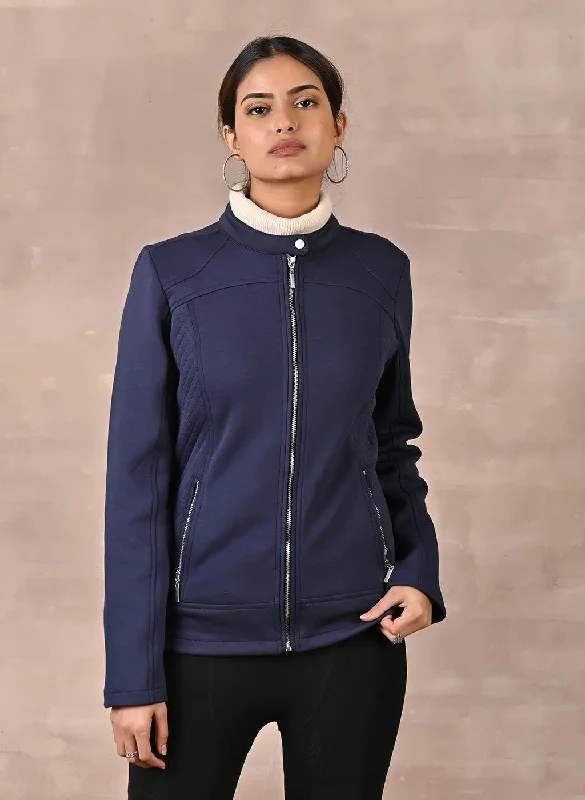 Bold Fashion Navy Blue Quilted Jacket with Zipper Detail