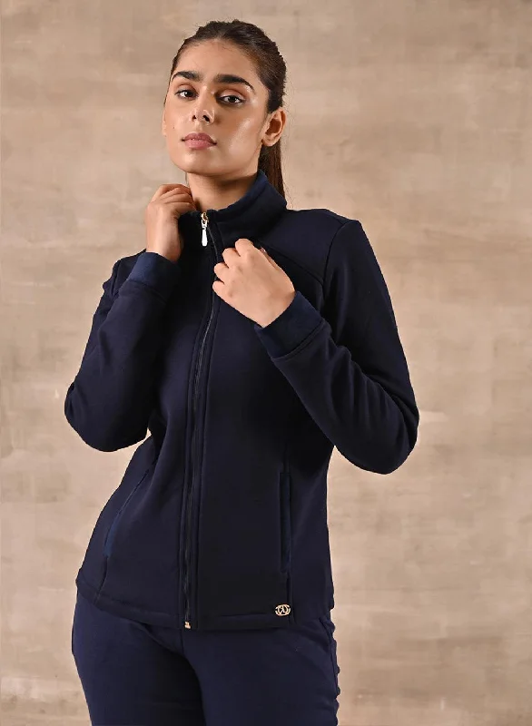 Modern Casual Clothing Navy Blue Zip-front High-neck Regular Jacket with Pockets