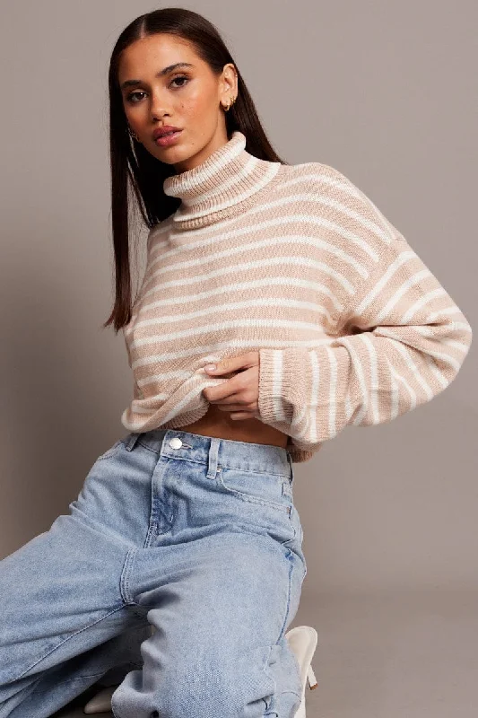 Women's Casual Attire Beige Stripe Knit Top Long Sleeve High Neck