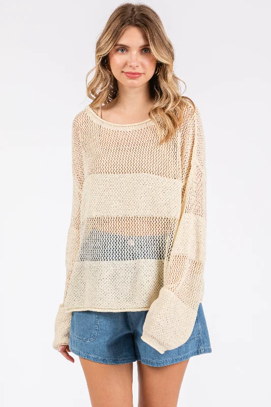 Casual Chic Cream Crochet Knit Long Sleeve Cover-Up