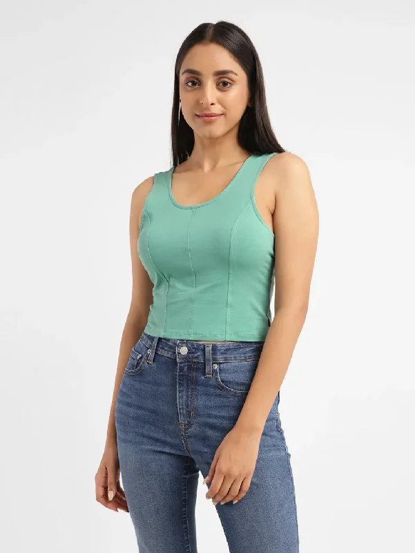 Sale On Clothing Women's Solid Green Scoop Neck Crop Top