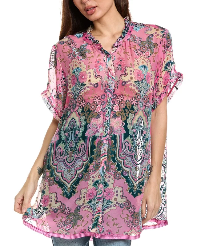 Women's Chic Outfit Johnny Was Plus Zoli Tape Hem Burnout Silk-Blend Tunic