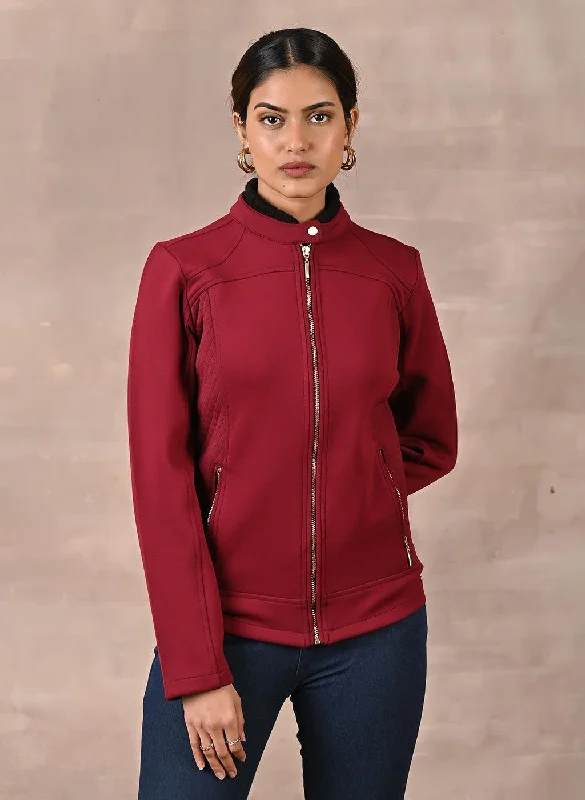 Colorful Clothing Maroon Quilted Jacket with Zipper Detail