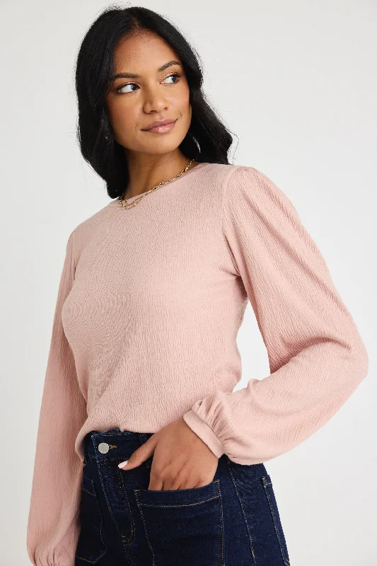 Women's Cozy Outfit For Lounging Annabelle Blush LS Puff Sleeve Soft Textured Knit Top