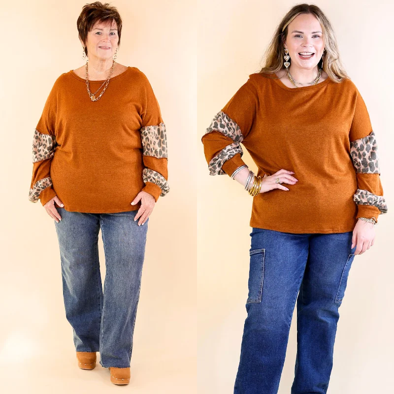 Exclusive Discount Double The Fun Long Sleeve Leopard Print Block Top in Burnt Orange