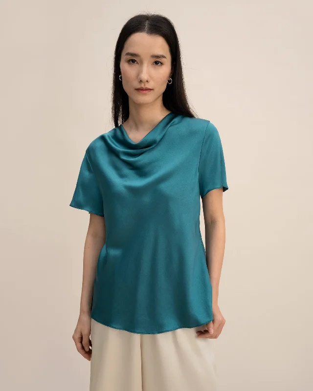 Women's High-Fashion Garments Cowl Neck Short Sleeves Silk Shirt for Women