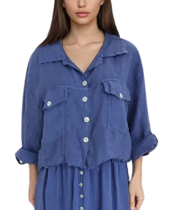 Colorful Clothing Linen Crop Shirt w/ Frayed Trim