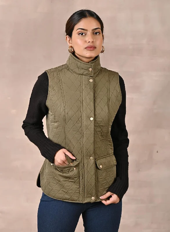 Bold Prints Casual Chic Olive Solid Sleeveless Quilted Jacket With Rivets Detail & Curved Hem