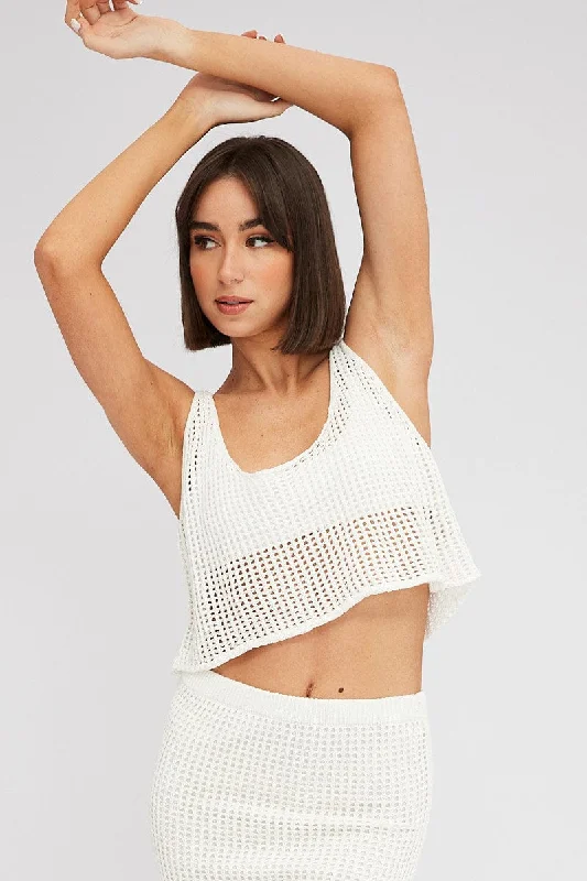 Women's Vintage Attire White Crochet Knit Top Scoop Neck