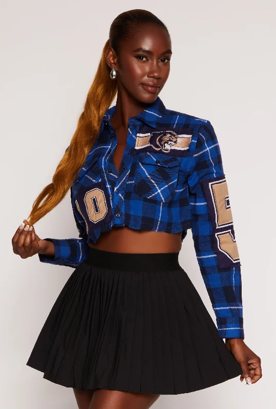 Sales Clothes Graphic Patch Plaid Cropped Shirt