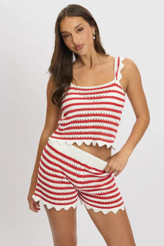 Women's Vacation Attire Red Stripe Crochet Knit Top